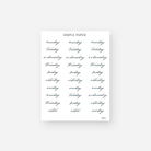 Minimal day-of-the-week script stickers in black calligraphy – August Sheet C for journaling and planner spreads