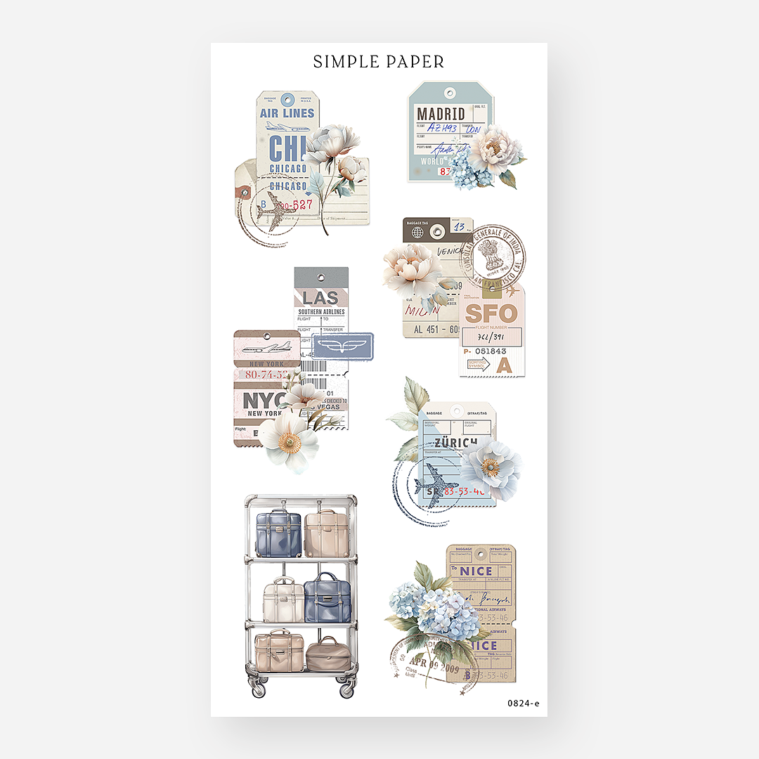 Vintage airline tickets, luggage cart, and pastel florals – Simple Paper August Sheet E travel stickers