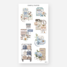 Vintage airline tickets, luggage cart, and pastel florals – Simple Paper August Sheet E travel stickers