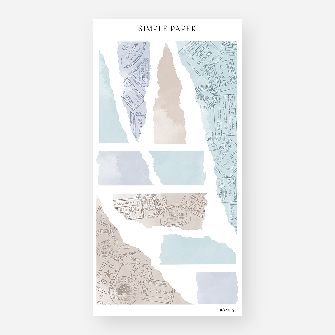 Torn paper sticker strips in pastel blue, lavender, and tan with travel stamps – August Sheet G by Simple Paper