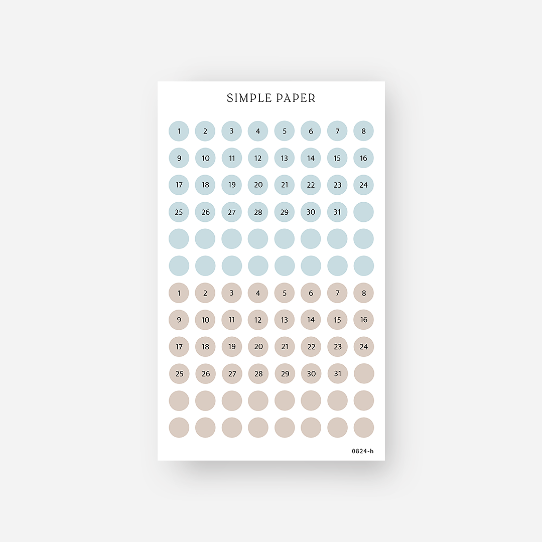 Round date number stickers in blue and tan tones – August Sheet H by Simple Paper