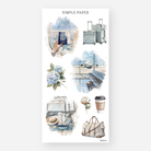 Travel sticker sheet with luggage, airport seating, passport, flowers, coffee cup, and soft watercolor accents – August Sheet K by Simple Paper