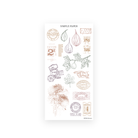Autumn Living bonus sticker sheet: postage stamps, postmarks, ticket stub and fig and chrysanthemum line drawings