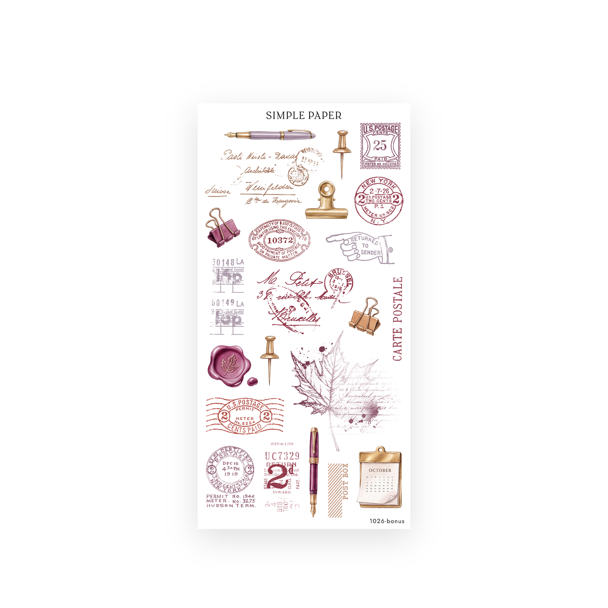 Pretty Season bonus sticker sheet: postmarks, postage meter stamps, fountain pens, a wax seal and brass clips