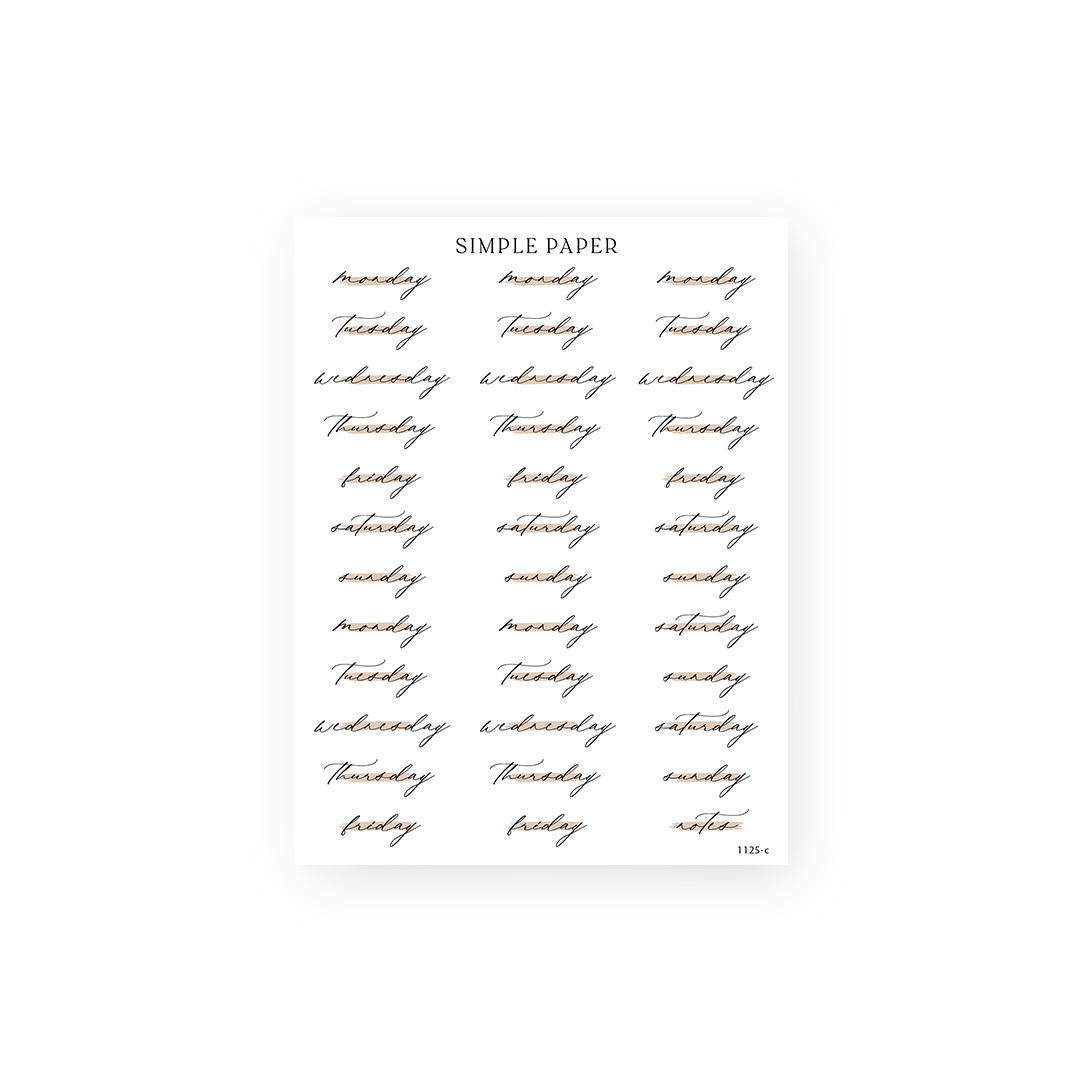 Cursive script days of the week planner stickers with a notes label, Cafecito Sheet C