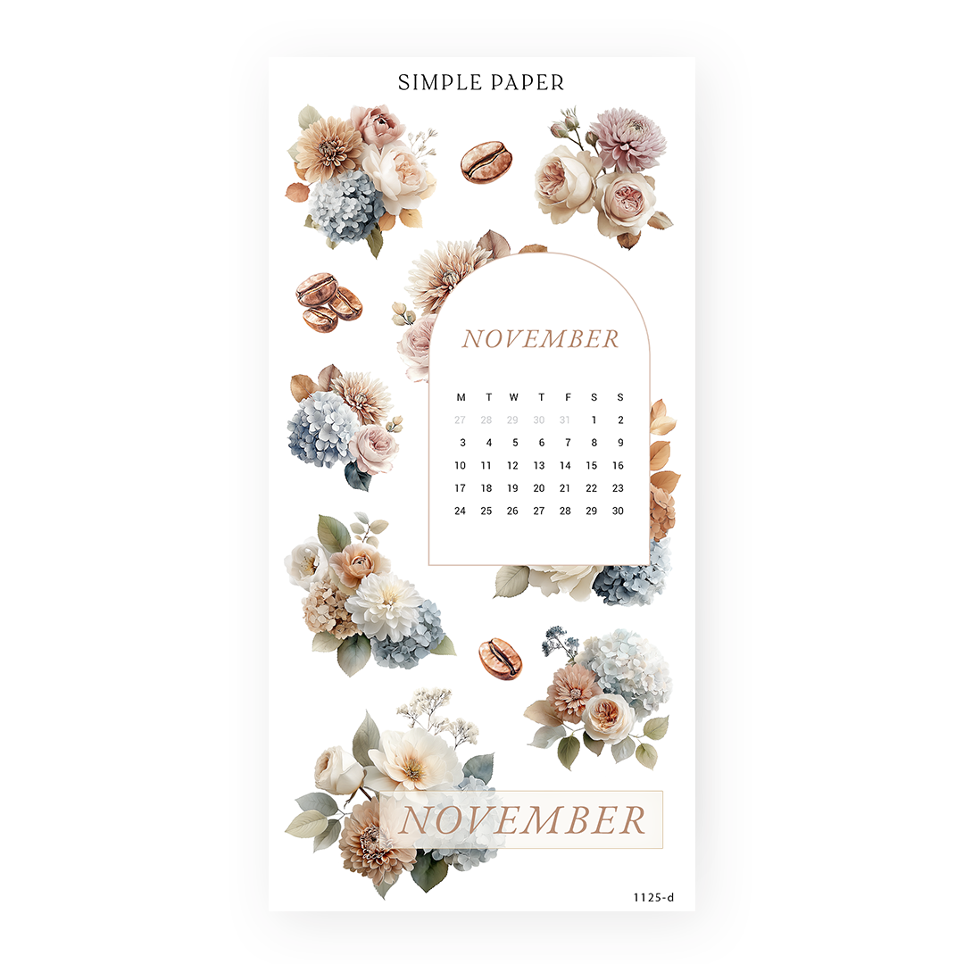 November mini calendar and headers with hydrangea and dahlia bouquets and coffee beans, Cafecito Sheet D