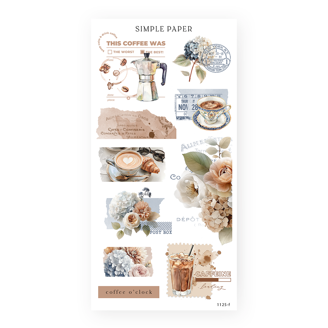 Coffee ephemera stickers with a rating card, moka pot, latte, iced coffee stamp, hydrangeas and postmarks, Cafecito Sheet F
