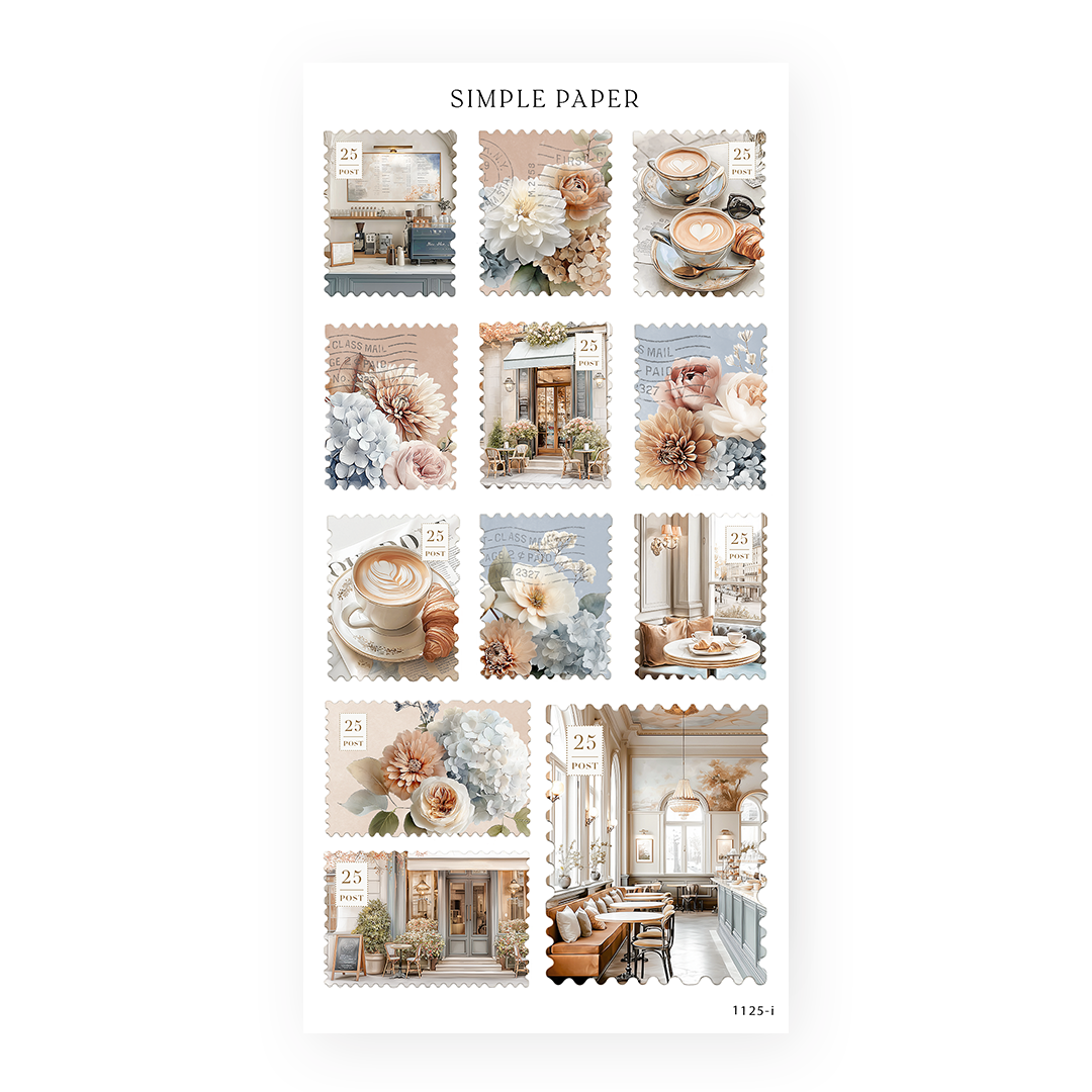 Postage stamp stickers with lattes, croissants, a cafe counter, storefronts and hydrangea florals, Cafecito Sheet I