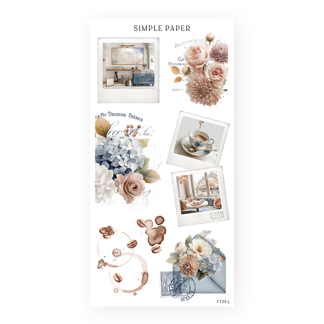 Snapshot stickers of a cafe counter and teacup with rose and hydrangea bouquets, coffee rings and an envelope, Sheet J