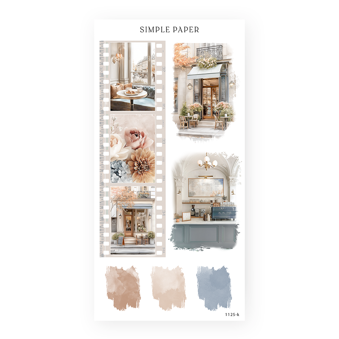 Filmstrip sticker of cafe tables, roses and a storefront with cafe fronts and tan and blue paint swatches, Cafecito Sheet K