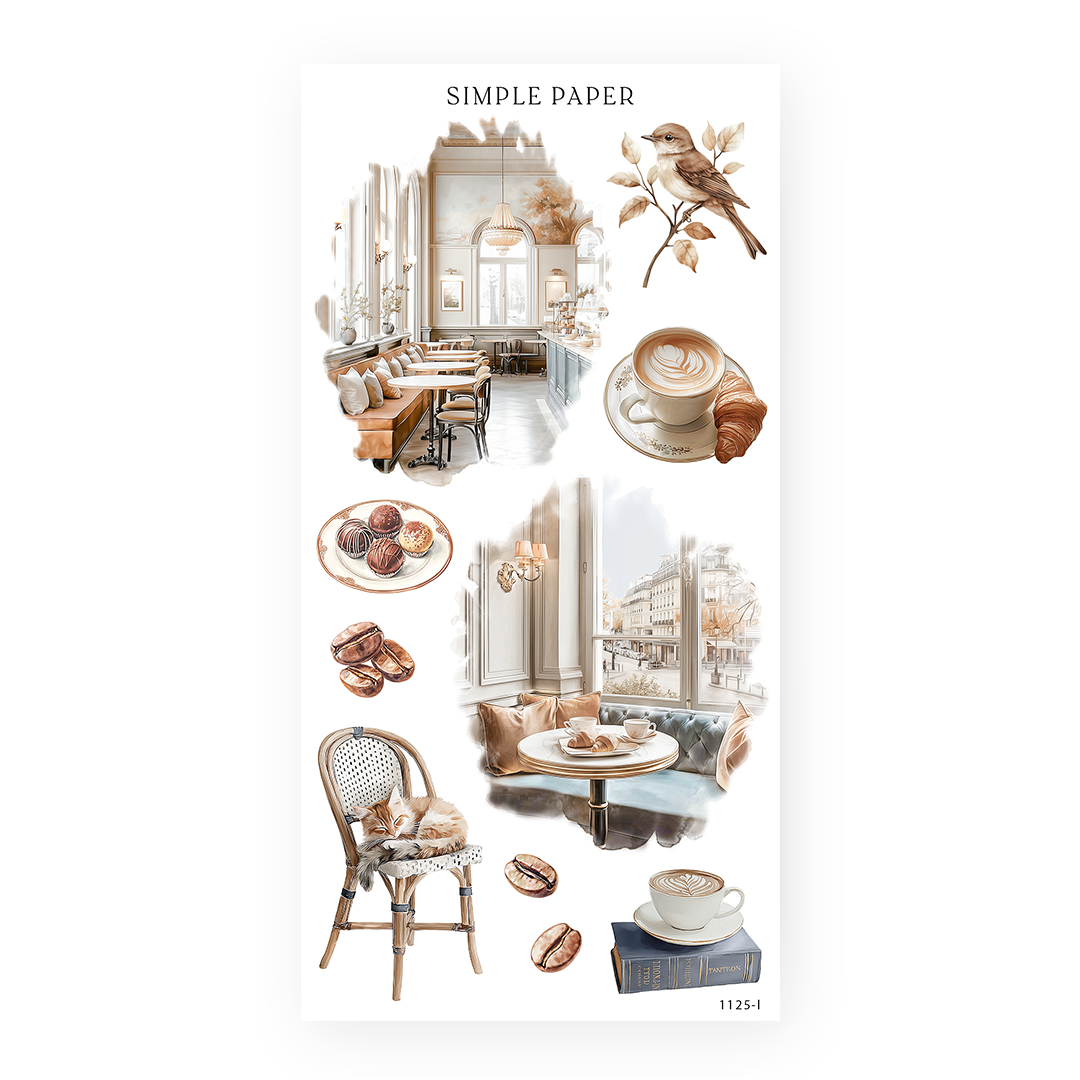 Cafe interior stickers with a latte and croissant, truffles, coffee beans, a bistro chair with a cat and a songbird, Sheet L