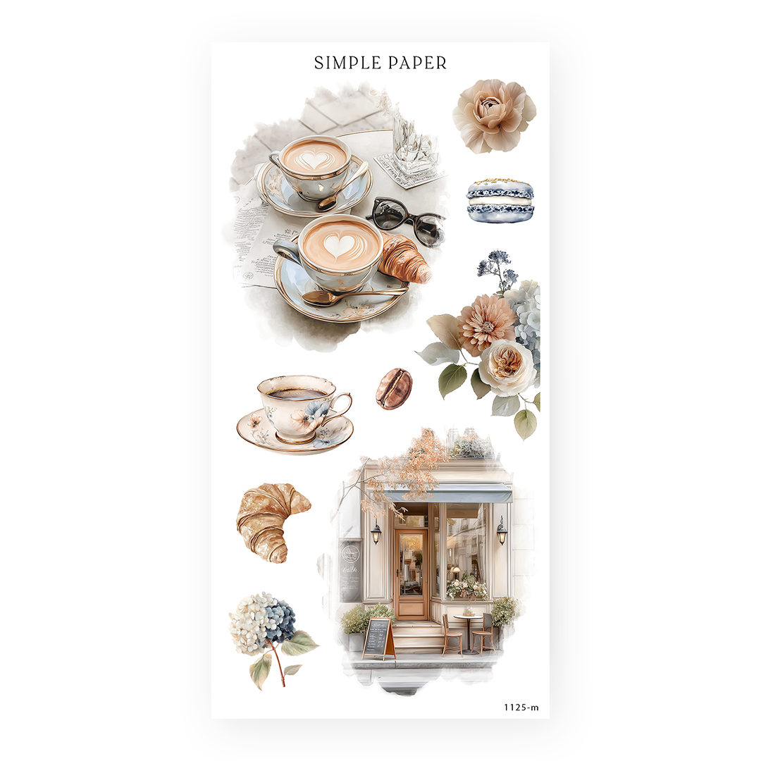 Stickers of heart lattes, croissants, a teacup, macaron, cafe storefront and blue and peach florals, Cafecito Sheet M