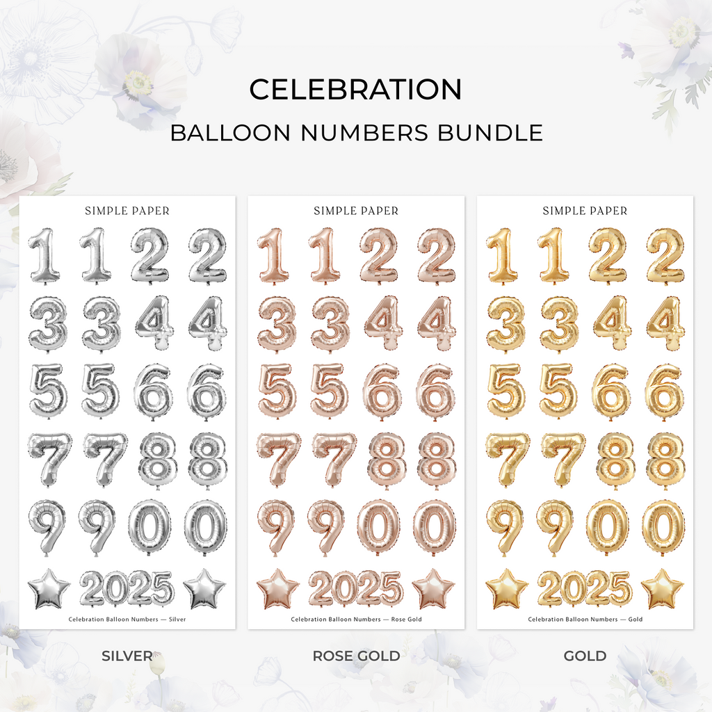 Celebration Balloon Numbers Bundle with silver, rose gold, and gold sticker sheets featuring numbers, stars, and 2025.