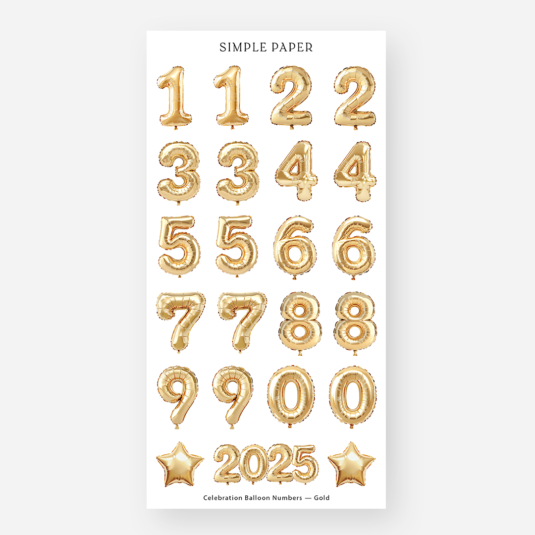 Gold Balloon Numbers Sticker Sheet featuring numbers 0-9, stars, and "2025" in a metallic balloon design, part of the Celebration collection.