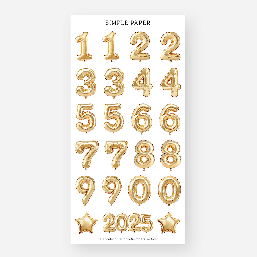 Gold Balloon Numbers Sticker Sheet featuring numbers 0-9, stars, and "2025" in a metallic balloon design, part of the Celebration collection.