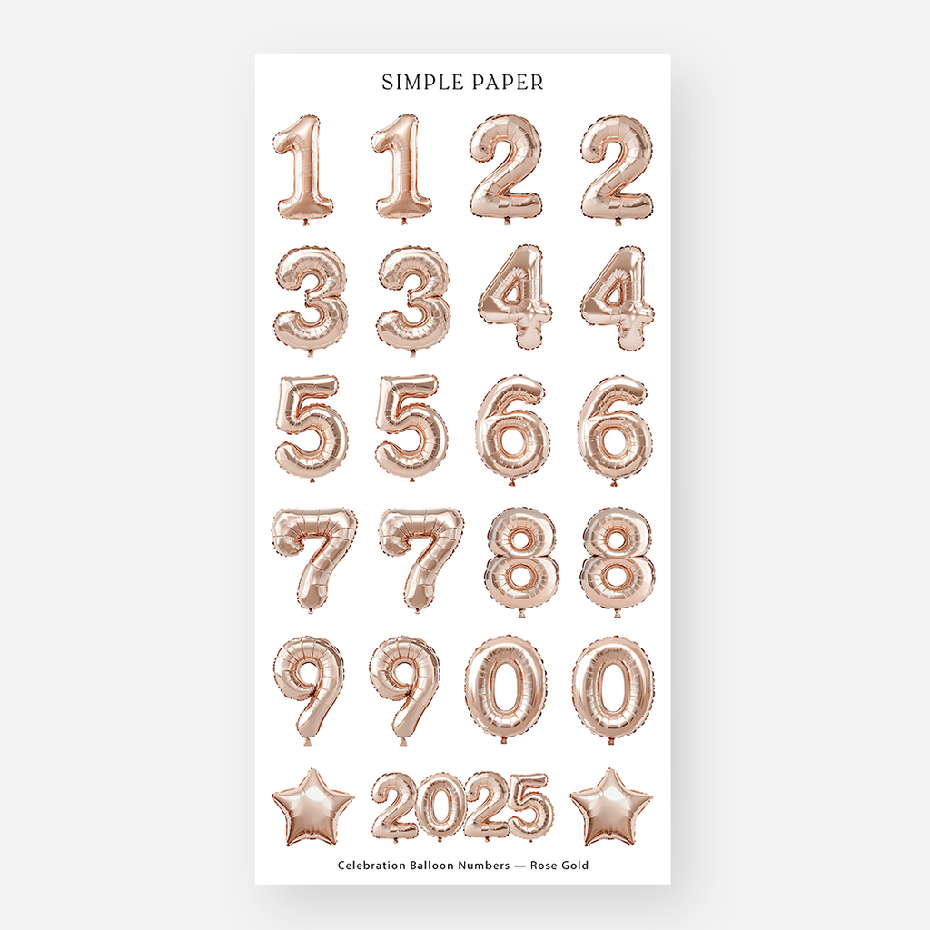 Rose Gold Balloon Numbers Sticker Sheet featuring numbers 0-9, stars, and "2025" in a metallic balloon design, pat of the Celebration collection.
