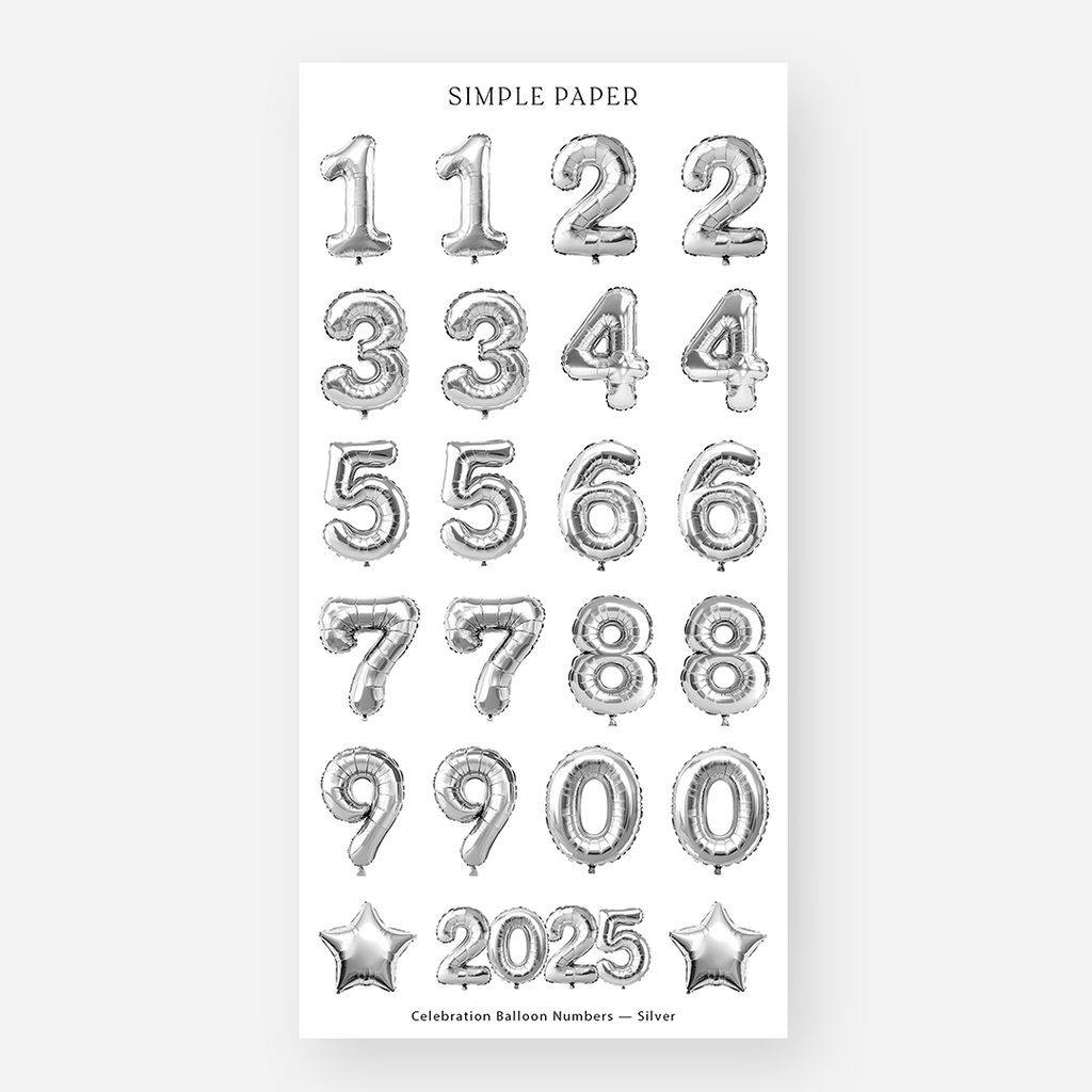 Silver Balloon Numbers Sticker Sheet featuring numbers 0-9, stars, and "2025" in a metallic balloon design, part of the Celebration collection.