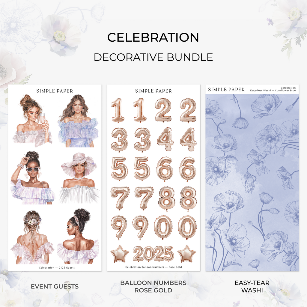 Celebration Decorative Bundle featuring Event Guests, Rose Gold Balloon Numbers, and Cornflower Blue Easy-Tear Washi Sheet.