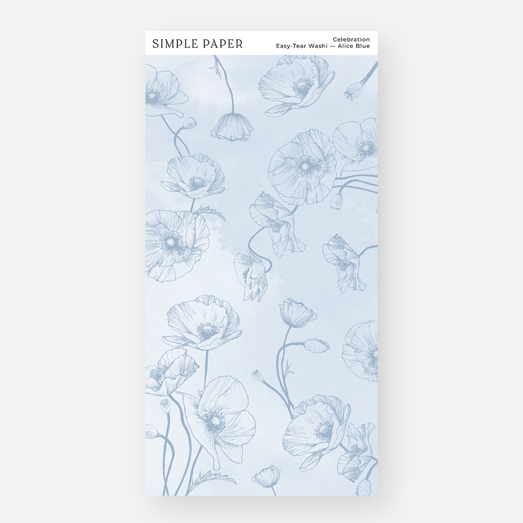 Alice Blue easy-tear washi tape sheet with light floral designs, one of three options in the Celebration Easy-Tear Washi Bundle by Simple Paper.