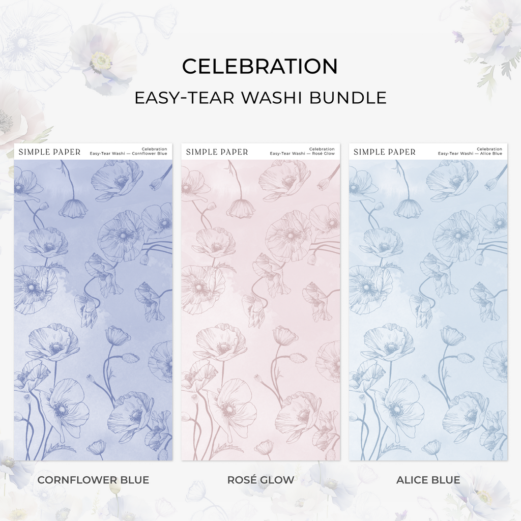 Celebration Easy-Tear Washi Bundle by Simple Paper, including Cornflower Blue, Rosé Glow, and Alice Blue floral washi tape sheets.