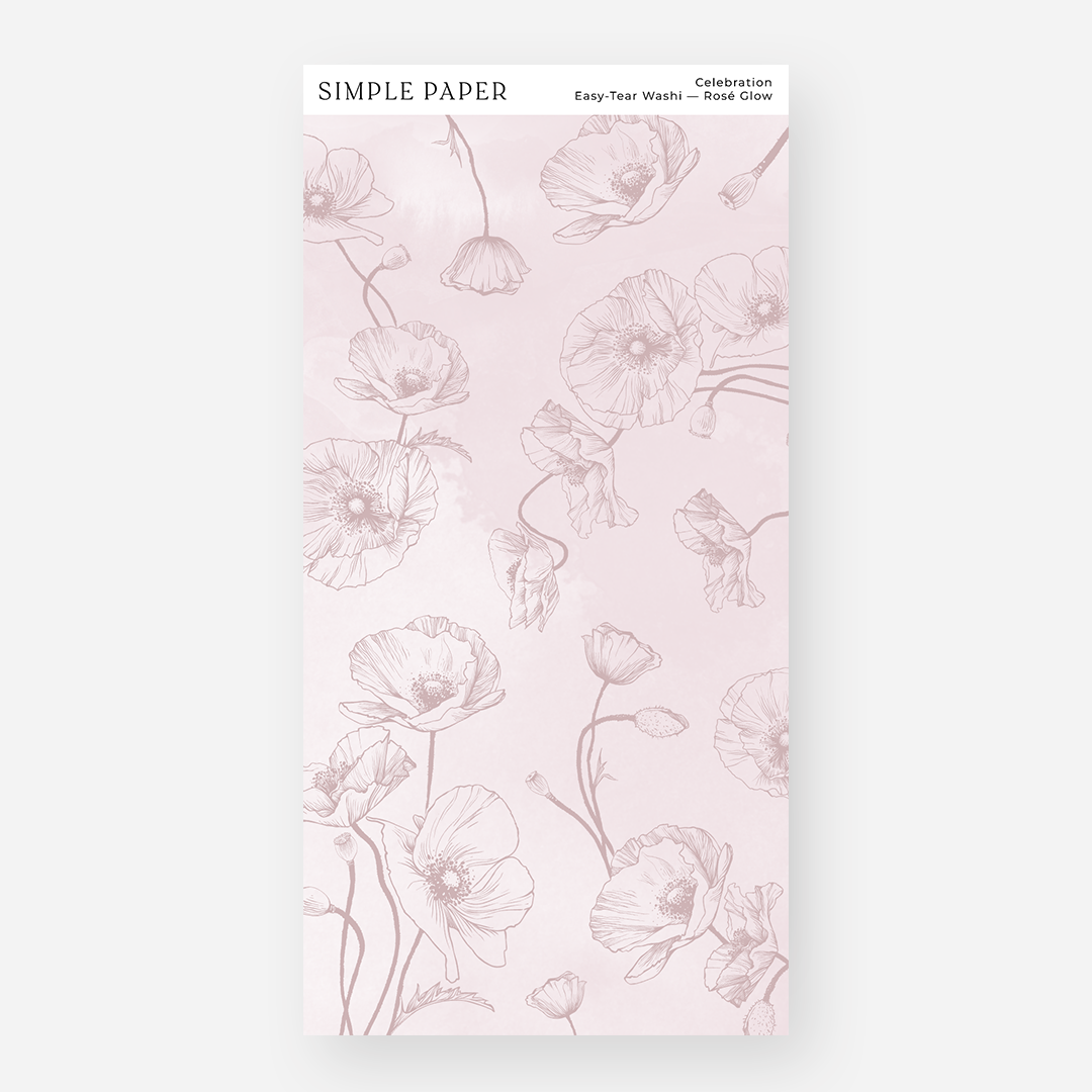 Rosé Glow easy-tear washi tape sheet with delicate floral patterns, included in the Celebration Easy-Tear Washi Bundle by Simple Paper.