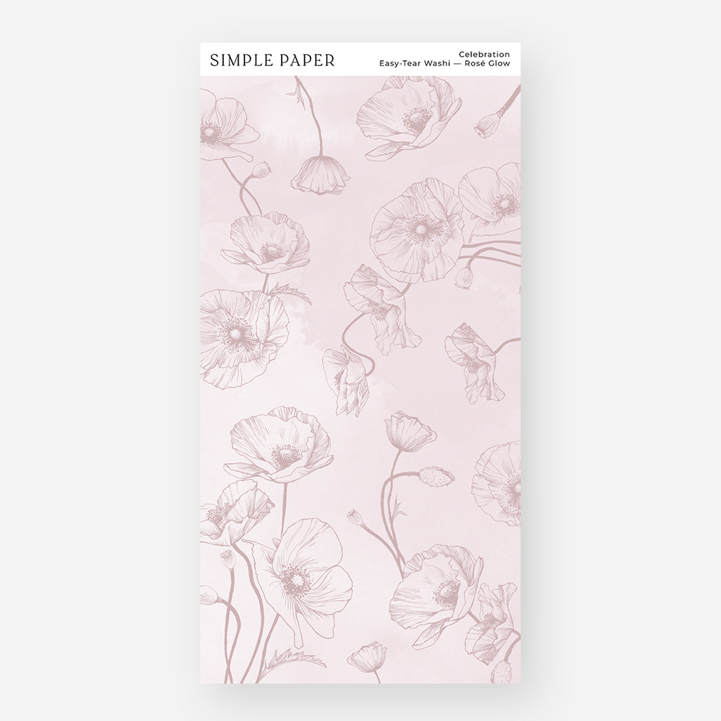 Rosé Glow easy-tear washi tape sheet with delicate floral patterns, included in the Celebration Easy-Tear Washi Bundle by Simple Paper.