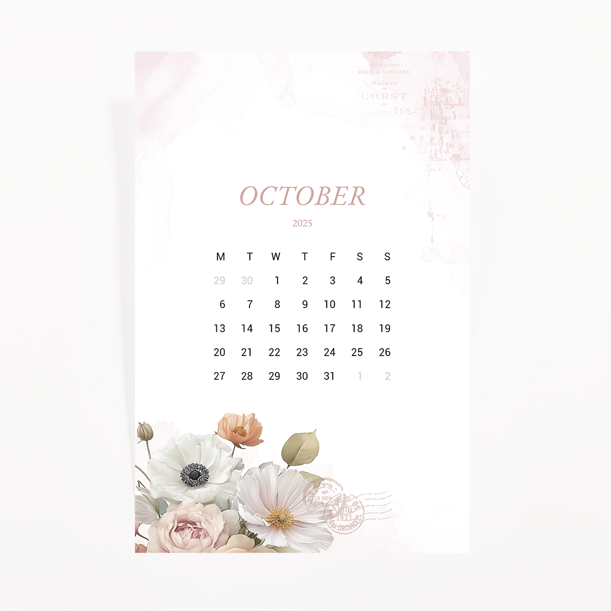 Fall in Love – October 2025 calendar journaling card with florals