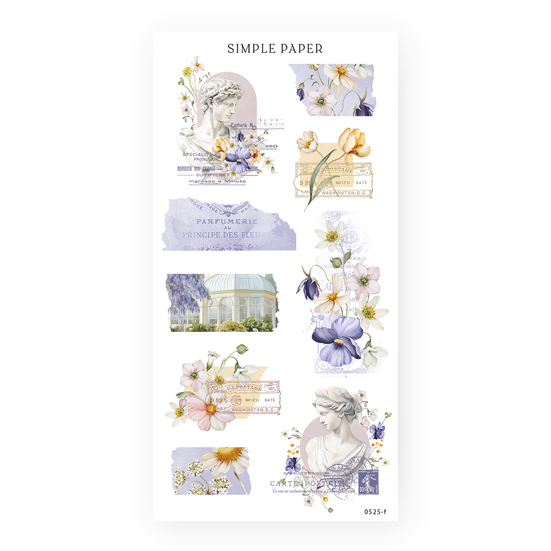 Collage sheet with classical busts, torn lilac ephemera, postage stamps and wisteria‑framed greenhouse.
