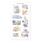 Collage sheet with classical busts, torn lilac ephemera, postage stamps and wisteria‑framed greenhouse.