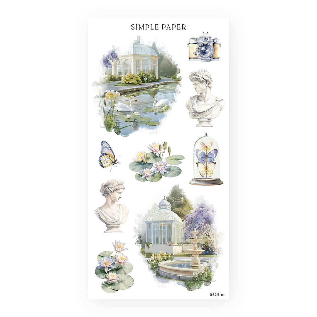 Watercolor conservatory scene sheet—swans, lily‑pond, marble busts, vintage camera, butterflies under glass.