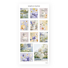 Mini vintage postage sheet—garden stamps of swans, tea sets, busts, florals and fountain scenes.