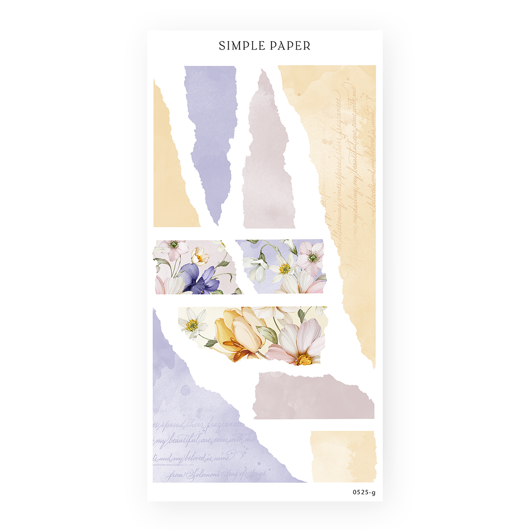 Torn paper and washi strip sheet—lavender, blush and parchment scraps plus floral fragments for layering.