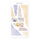 Torn paper and washi strip sheet—lavender, blush and parchment scraps plus floral fragments for layering.