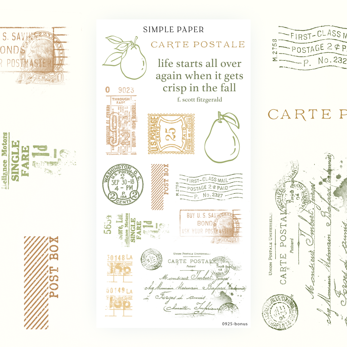 Golden Autumn – Bonus sheet stickers with vintage postal stamps and pears