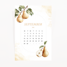 Luxe journaling card with September 2025 calendar on a white background, featuring golden pears and soft vintage textures