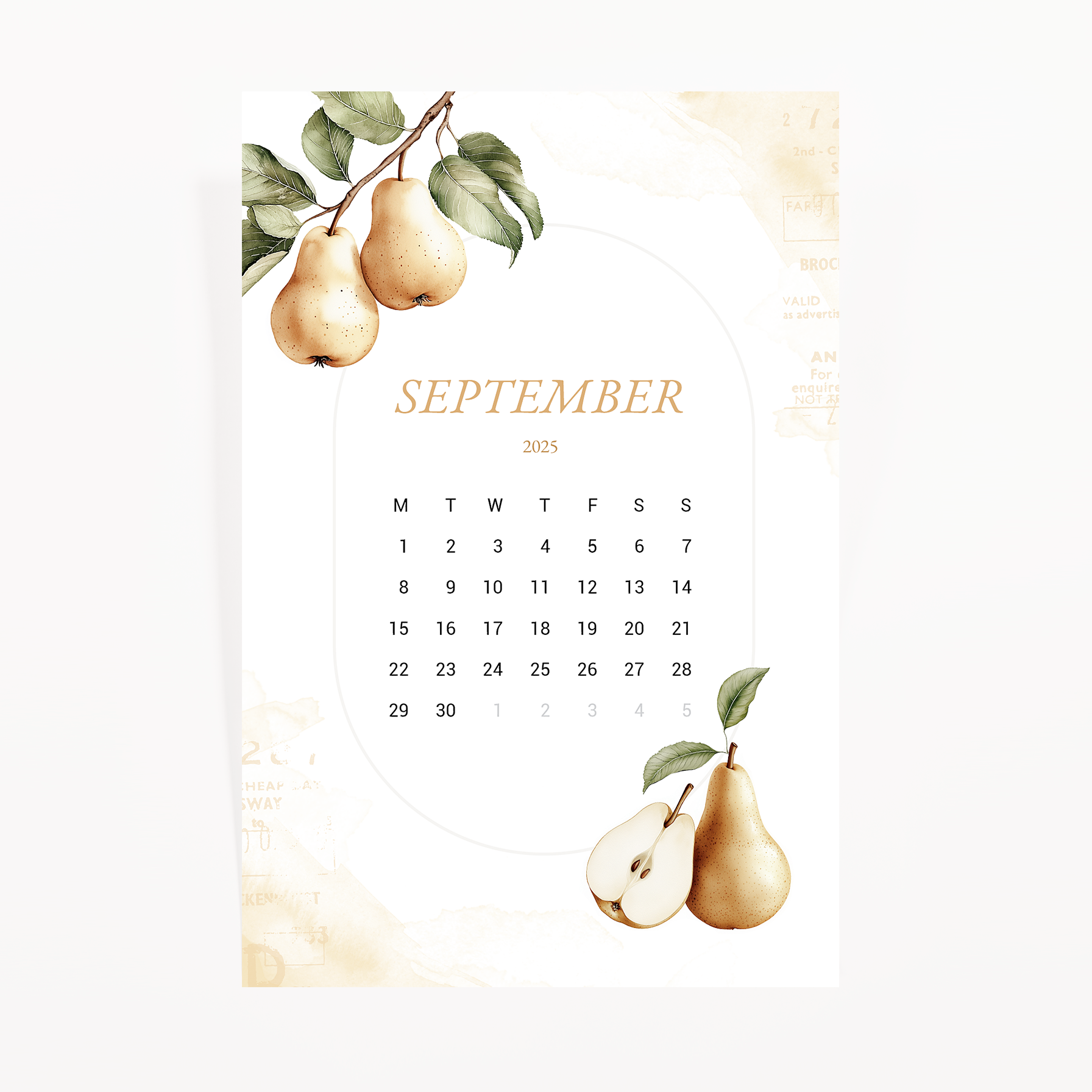 Luxe journaling card with September 2025 calendar on a white background, featuring golden pears and soft vintage textures