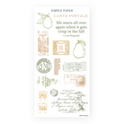 Sheet of decorative stickers with vintage postage stamps on a white background, featuring pears, postal marks, and a fall quote