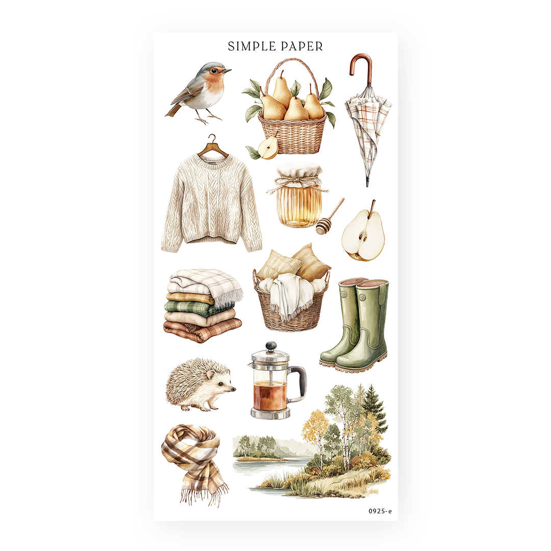 Golden Autumn – Fall journaling stickers with hedgehog, boots, and cozy objects