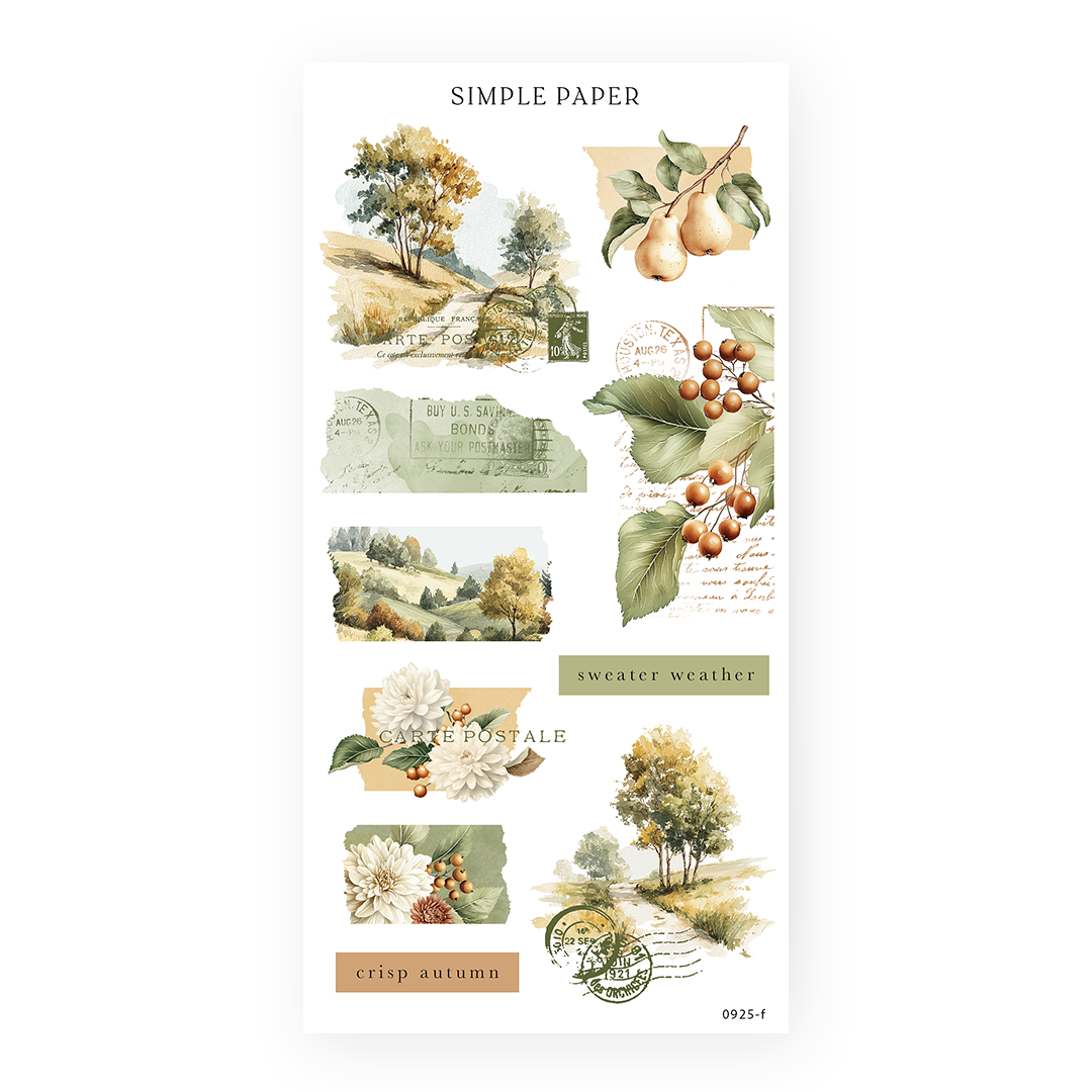 Sheet of decorative stickers with nature-themed designs on a white background, featuring trees, leaves, and berries.