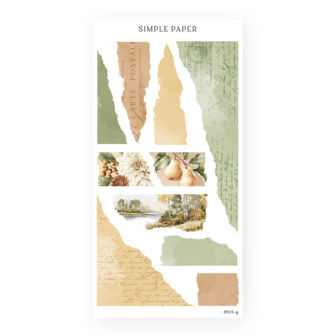 Sheet of decorative stickers with torn paper textures on a white background, featuring autumn leaves, pears, and vintage script details