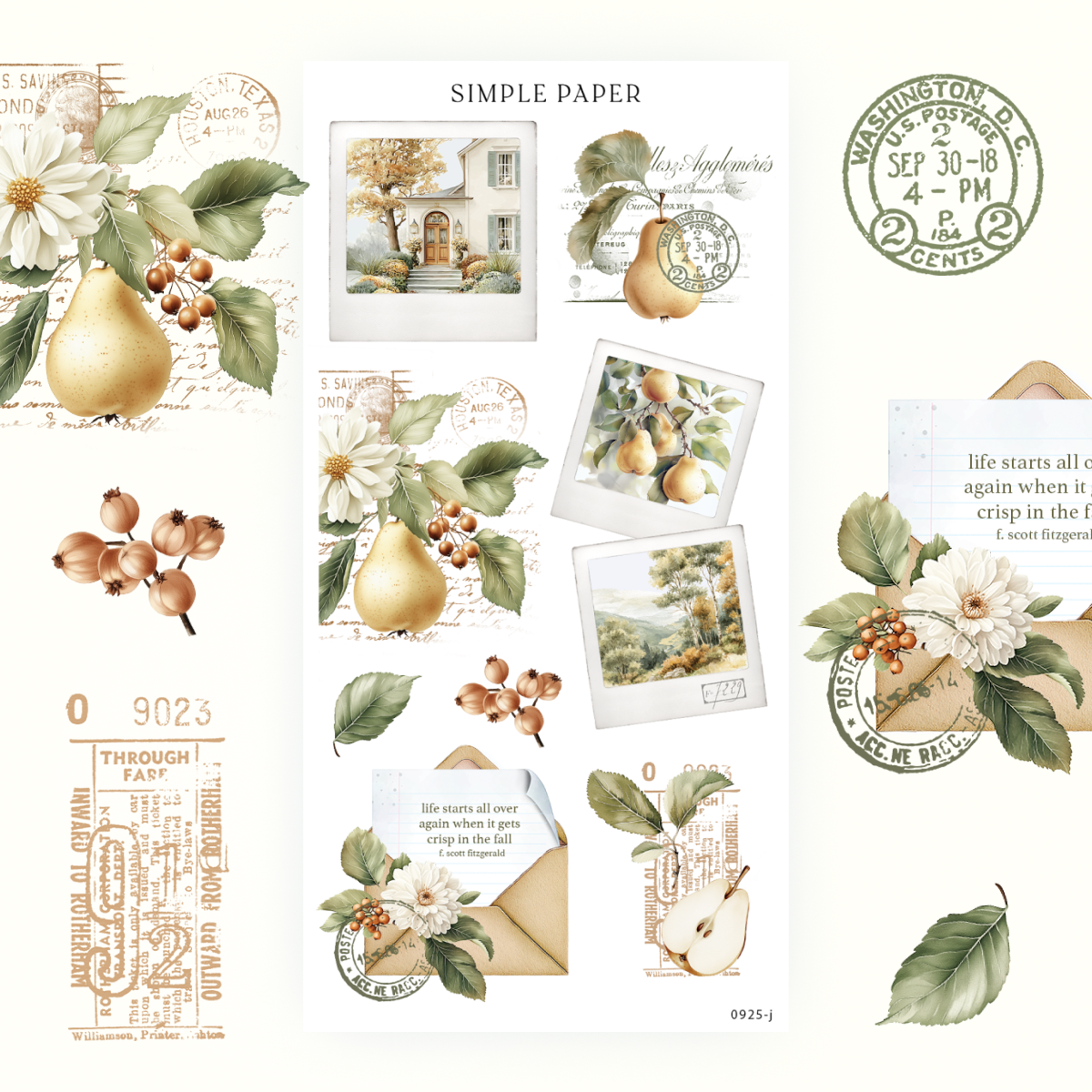 Golden Autumn – Sheet J journaling stickers with polaroids, pears, and vintage letters