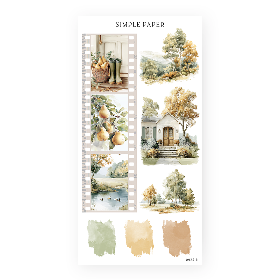 Sheet of decorative stickers with filmstrip frames on a white background, featuring pears, countryside cottages, trees, and autumn color swatches