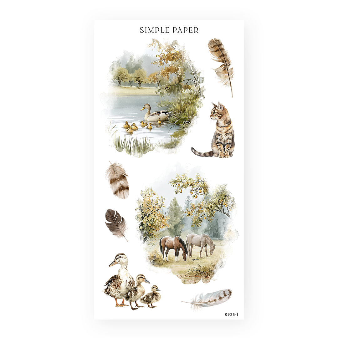 Sheet of journaling stickers with nature vignettes on a white background, featuring a lakeside duck family, orchard trees, and soft feathers