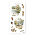 Sheet of journaling stickers with nature vignettes on a white background, featuring a lakeside duck family, orchard trees, and soft feathers