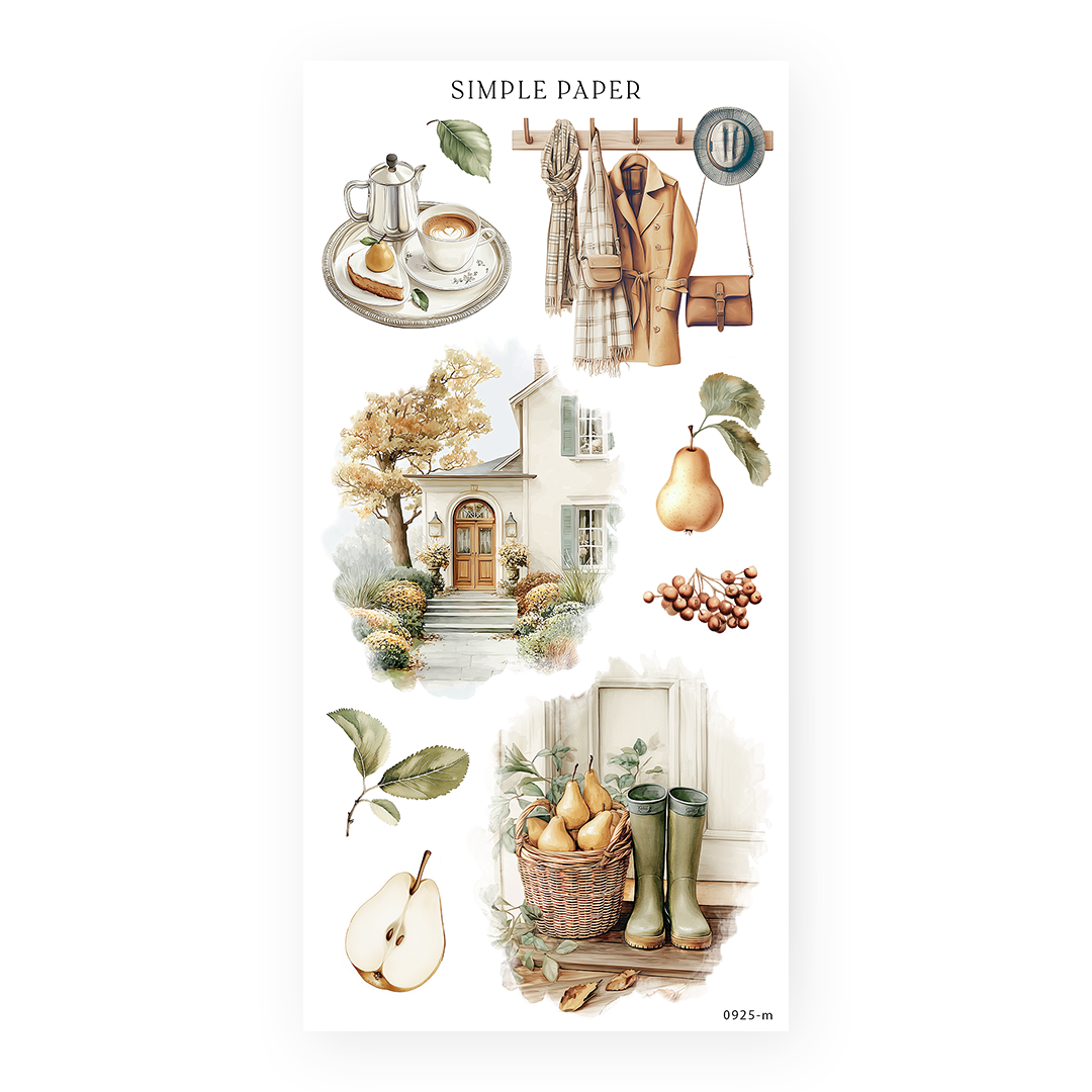 Sheet of decorative stickers with cozy autumn home motifs on a white background, featuring a cottage entry, pear basket with rain boots, coat rack, and coffee tray