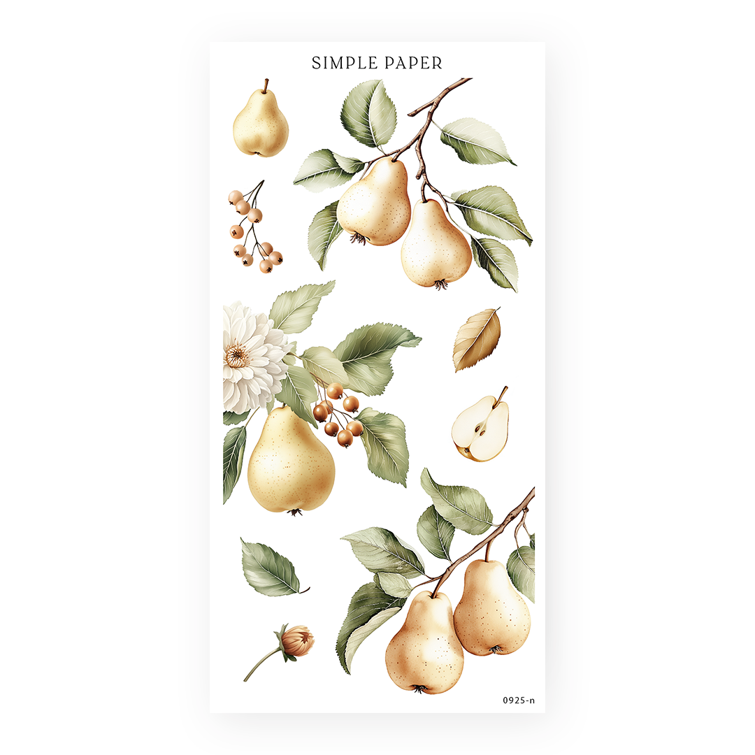 Sheet of decorative stickers with pear branches on a white background, featuring golden pears, leafy stems, chrysanthemums, and autumn berries