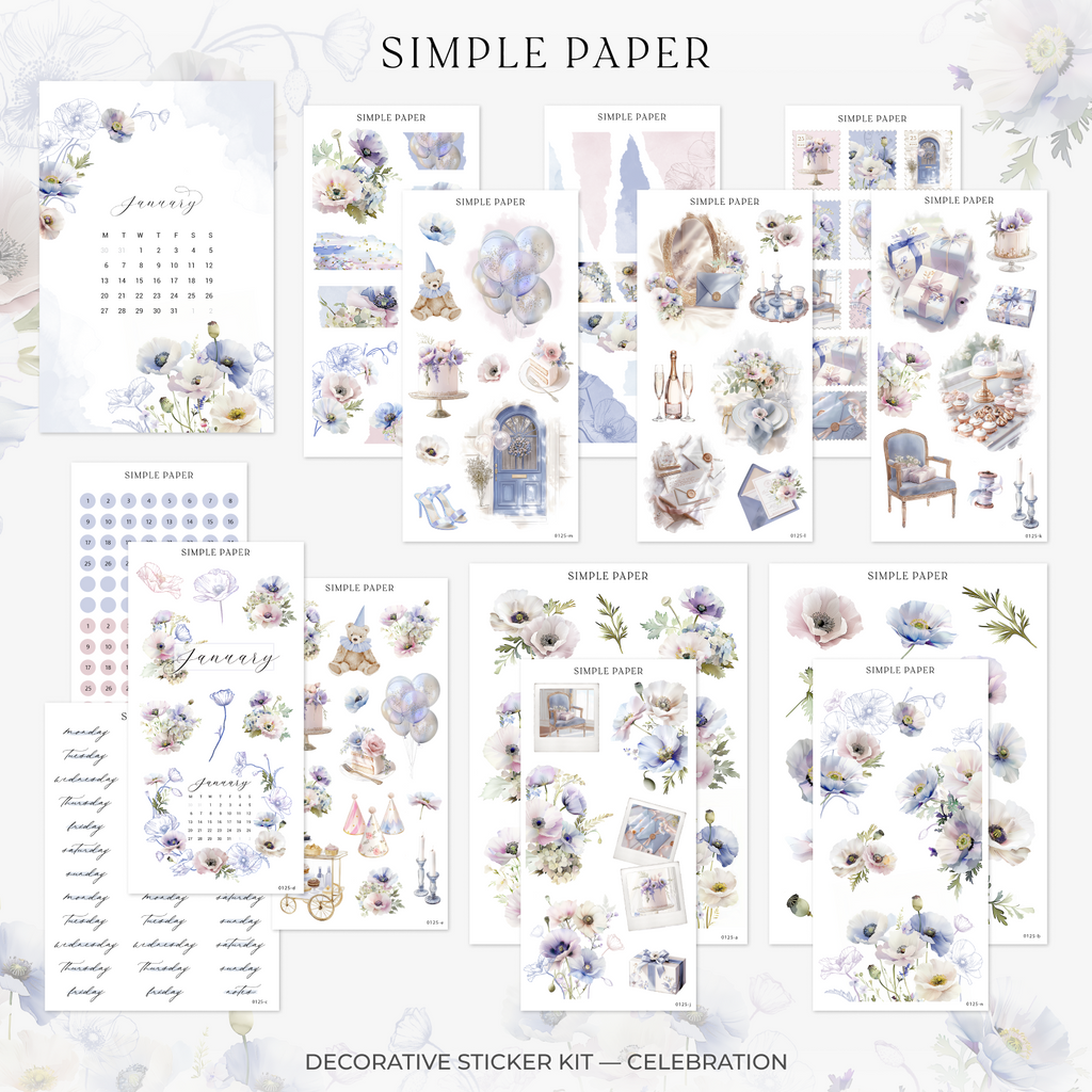 January Decorative Sticker Kit with celebration-themed floral, balloons, gifts, and elegant blue and pastel accents for planners and journals.