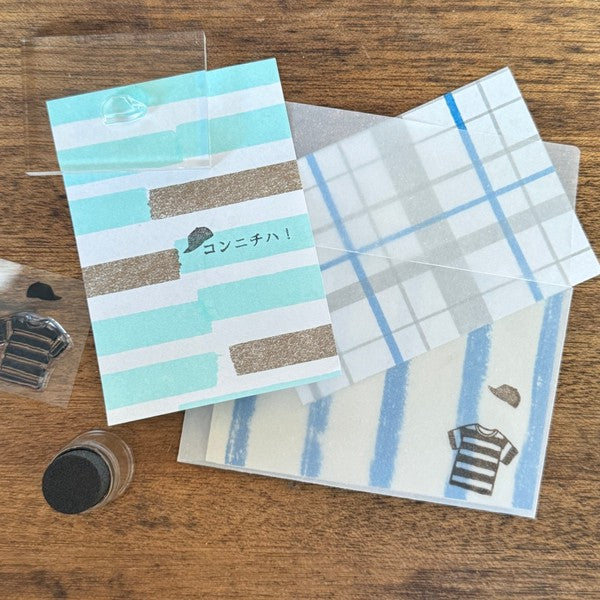 JIZAI COMBI clear stamp t-shirt and cap edition by mizushima, transparent character stamp with casual outfit accessories.