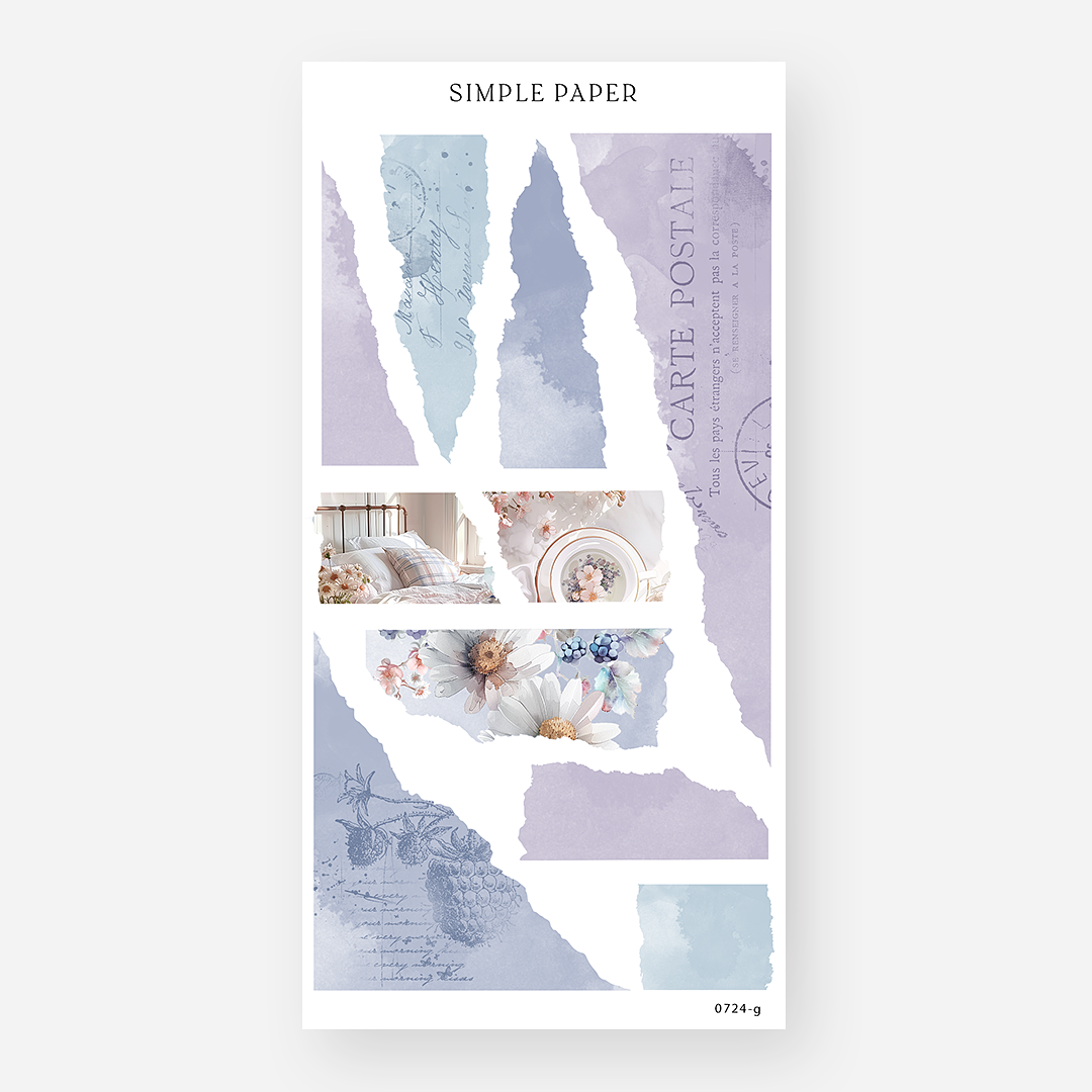 Torn paper collage sheet with vintage textures, lavender watercolor, florals, and postage – July Sheet G by Simple Paper
