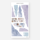 Torn paper collage sheet with vintage textures, lavender watercolor, florals, and postage – July Sheet G by Simple Paper
